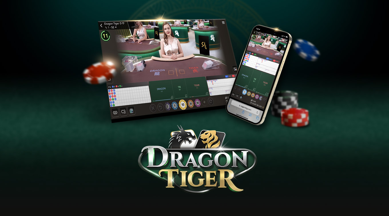 Image for an online Dragon Tiger game featuring a dealer at a casino table on the left and a mobile interface on the right. The text 'DRAGON TIGER' is prominently displayed at the bottom, with poker chips and colorful betting options visible.